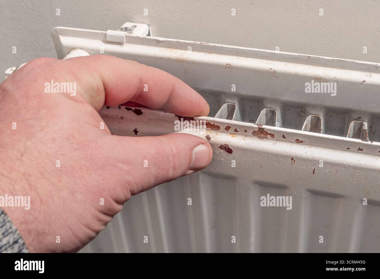 Corrosione del metallo sul radiatore di riscaldamento nella stanza. Primo piano Foto Stock
