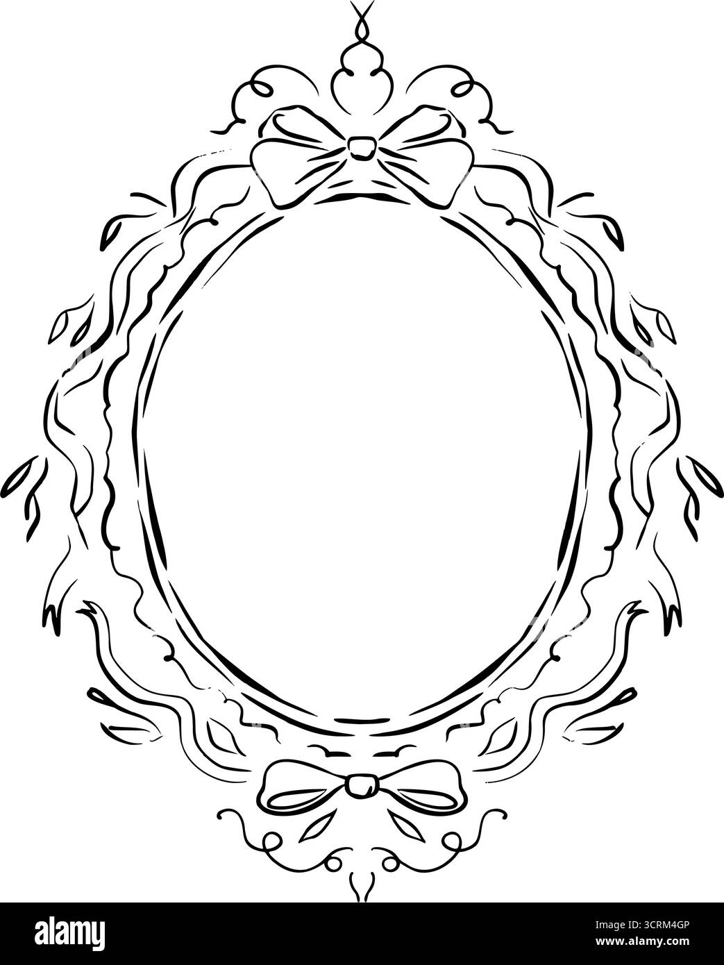 Cornice ovale decorativa con fiocco e ricci floreali, illustrazione grafica a linee vettoriali in uno stile di schizzo rapido e stravagante. Perfetto per matrimoni, inviti Illustrazione Vettoriale