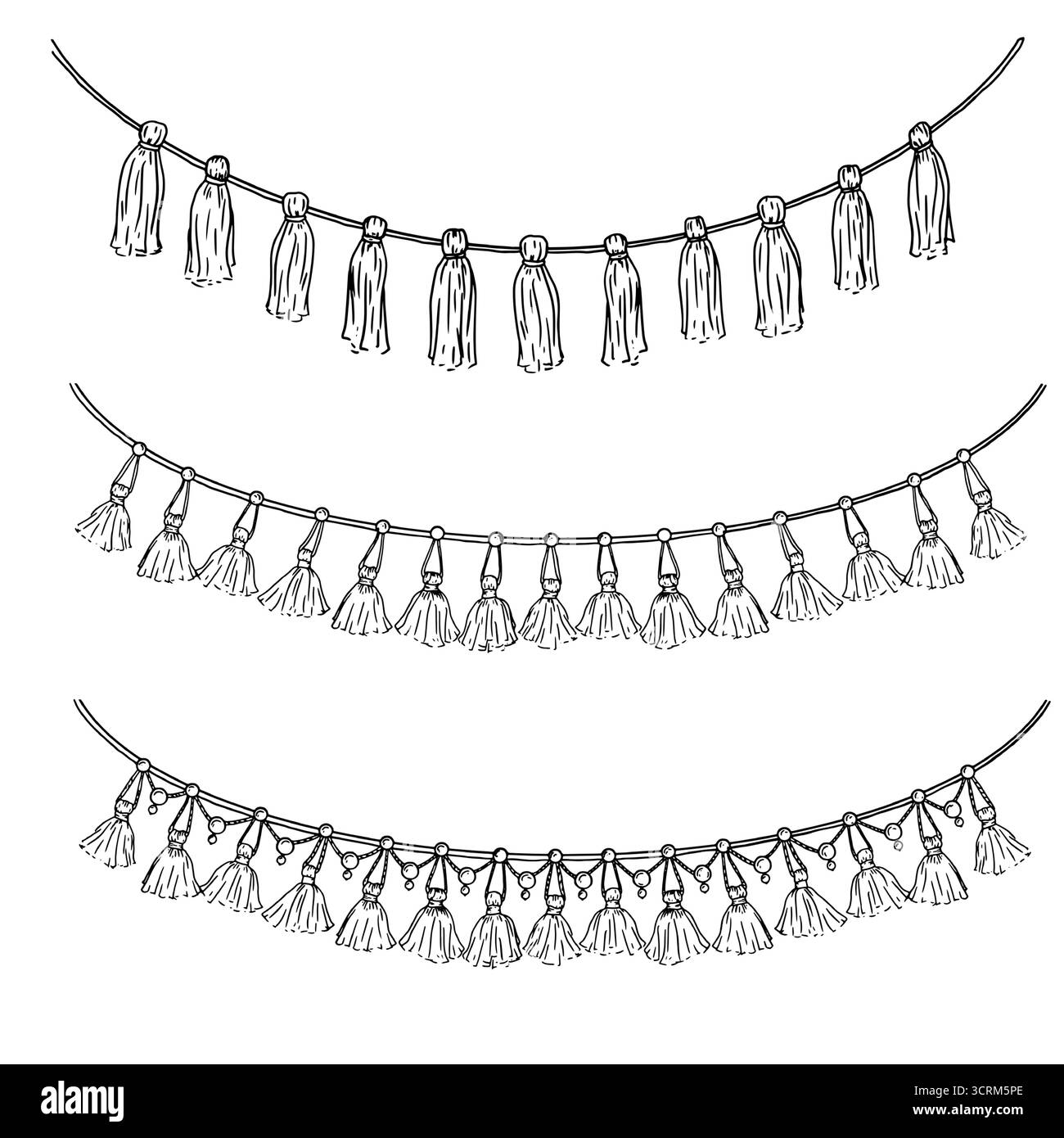Frangia di nappine, archi e nastri, schizzo in bianco e nero. Illustrazione vettoriale. Una ghirlanda festosa, un set di silhouette, isolata su uno sfondo bianco Illustrazione Vettoriale
