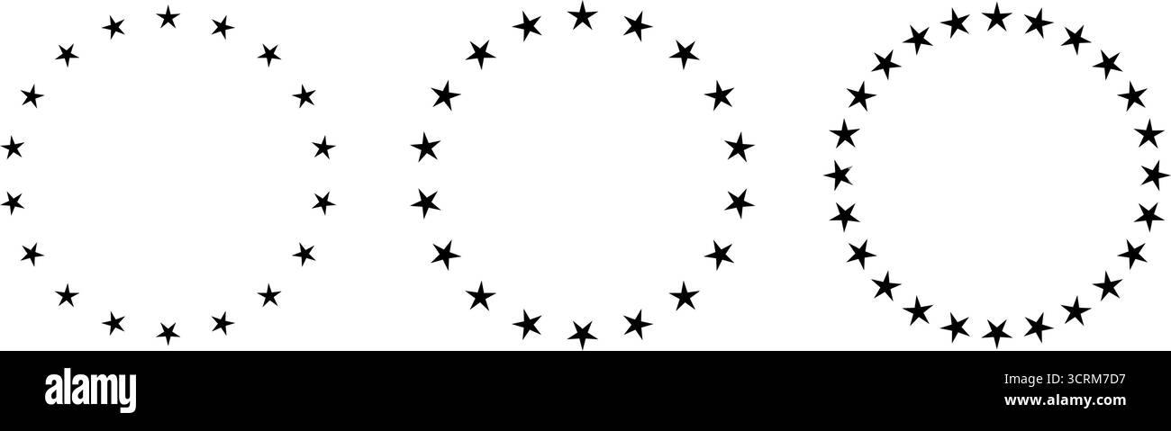 Set di cornici cerchio a stella. Bordo arrotondato a forma di stella. Emblema europeo. Badge geometrico circolare. Illustrazione vettoriale isolata su sfondo bianco Illustrazione Vettoriale