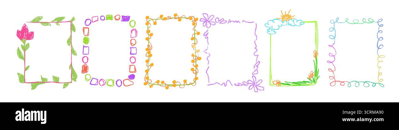 Cornici colorate disegnate per bambini con forme a stella pastello, fiori e scarabocchi per la decorazione artistica dei bambini. Rettangoli arcobaleno con sole, nuvole e motivi geometrici per un divertente progetto di scuola artigianale Illustrazione Vettoriale