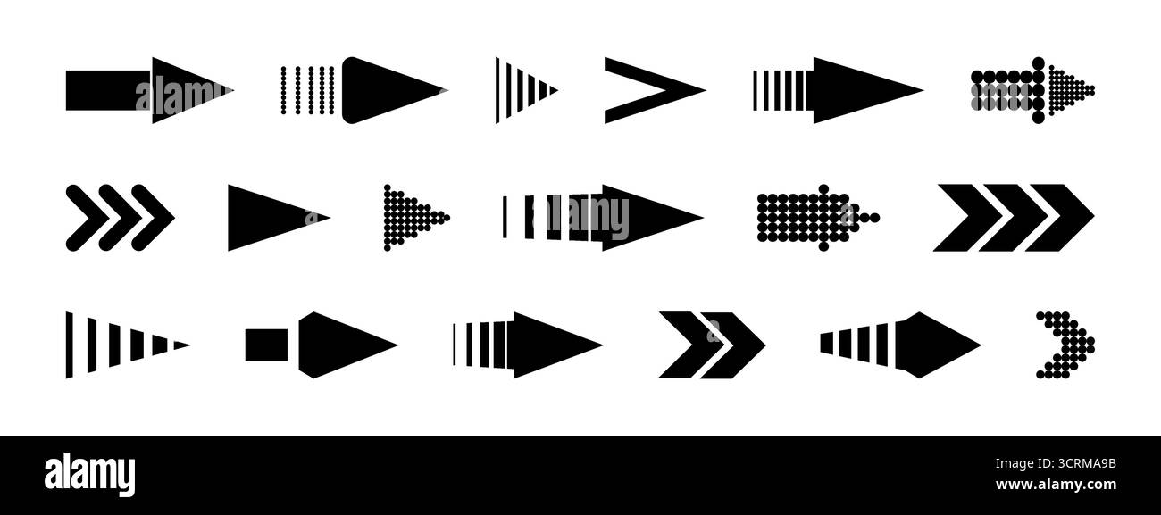 Collezione di frecce nere con segni stretti per la navigazione e la direzione. Vari stili del puntatore con punti, linee e ripetizioni geometriche. Icone di interfaccia moderne per app mobili o sistema di wayfinding Illustrazione Vettoriale Collezione di frecce nere con segni stretti per la navigazione e la direzione. Vari stili del puntatore con punti, linee e ripetizioni geometriche. Icone di interfaccia moderne per app mobili o sistema di wayfinding Illustrazione Vettoriale