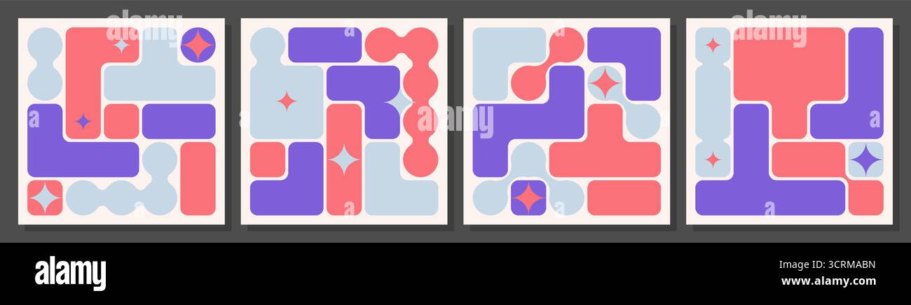 Layout a griglia bento colorati con rettangoli arrotondati, cerchi e stelle per un design moderno dell'interfaccia. Blocchi geometrici rosa, viola e blu disposti in composizioni modulari con elementi decorativi Illustrazione Vettoriale