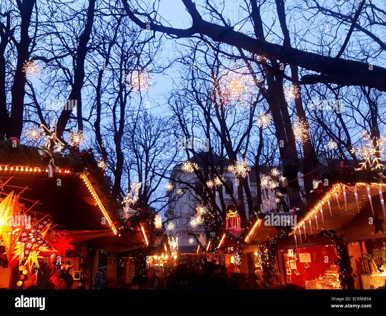 Un mercatino natalizio a Basilea, in Svizzera, si illumina con calore alla luce della sera. Gli alberi sono adornati da innumerevoli stelle splendenti. Foto Stock