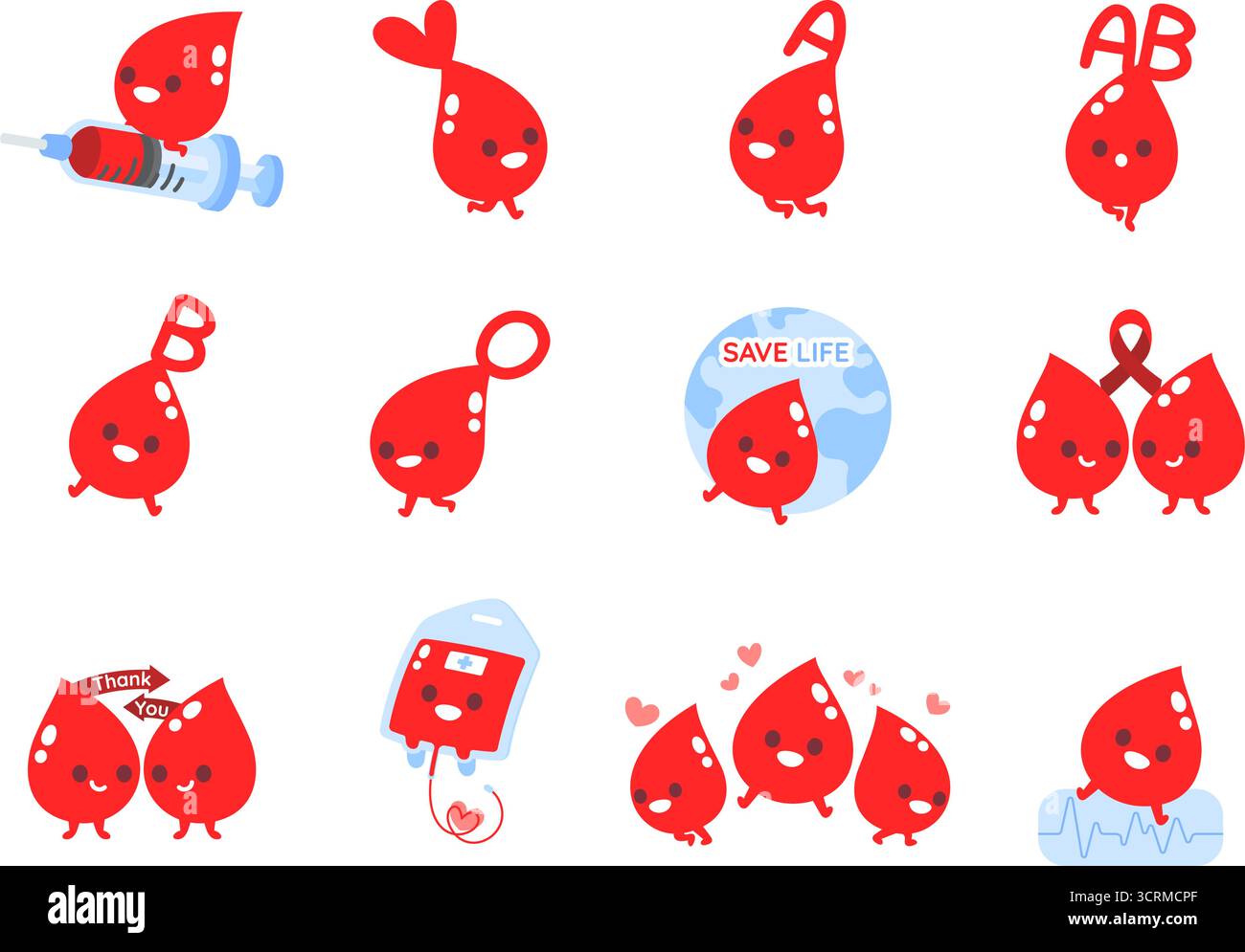 carino design piatto cartoni animati blood drop. Illustrazione vettoriale Del carattere del gruppo B AB del sangue di tipo o. giorno del donatore di sangue. Illustrazione Vettoriale