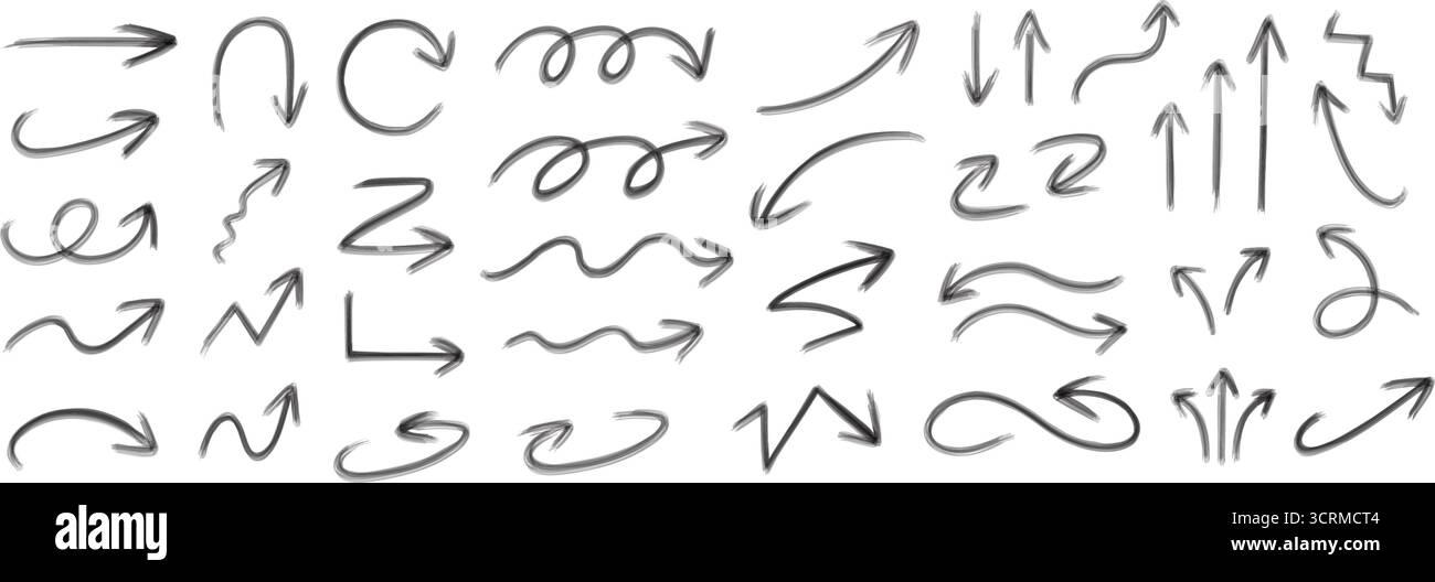 stile pennello disegnato a mano frecce. forma della freccia a scatto linea testurizzata simbolo icona su e giù illustrazione vettoriale Illustrazione Vettoriale