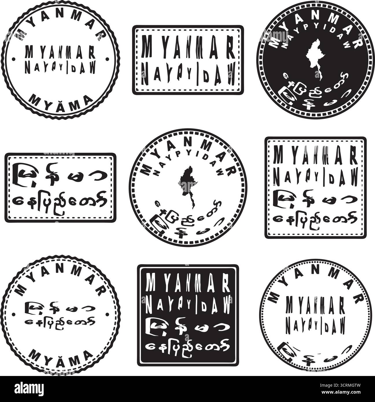 Myanmar Naypyidaw Round Seal Map Design Illustrazione Vettoriale