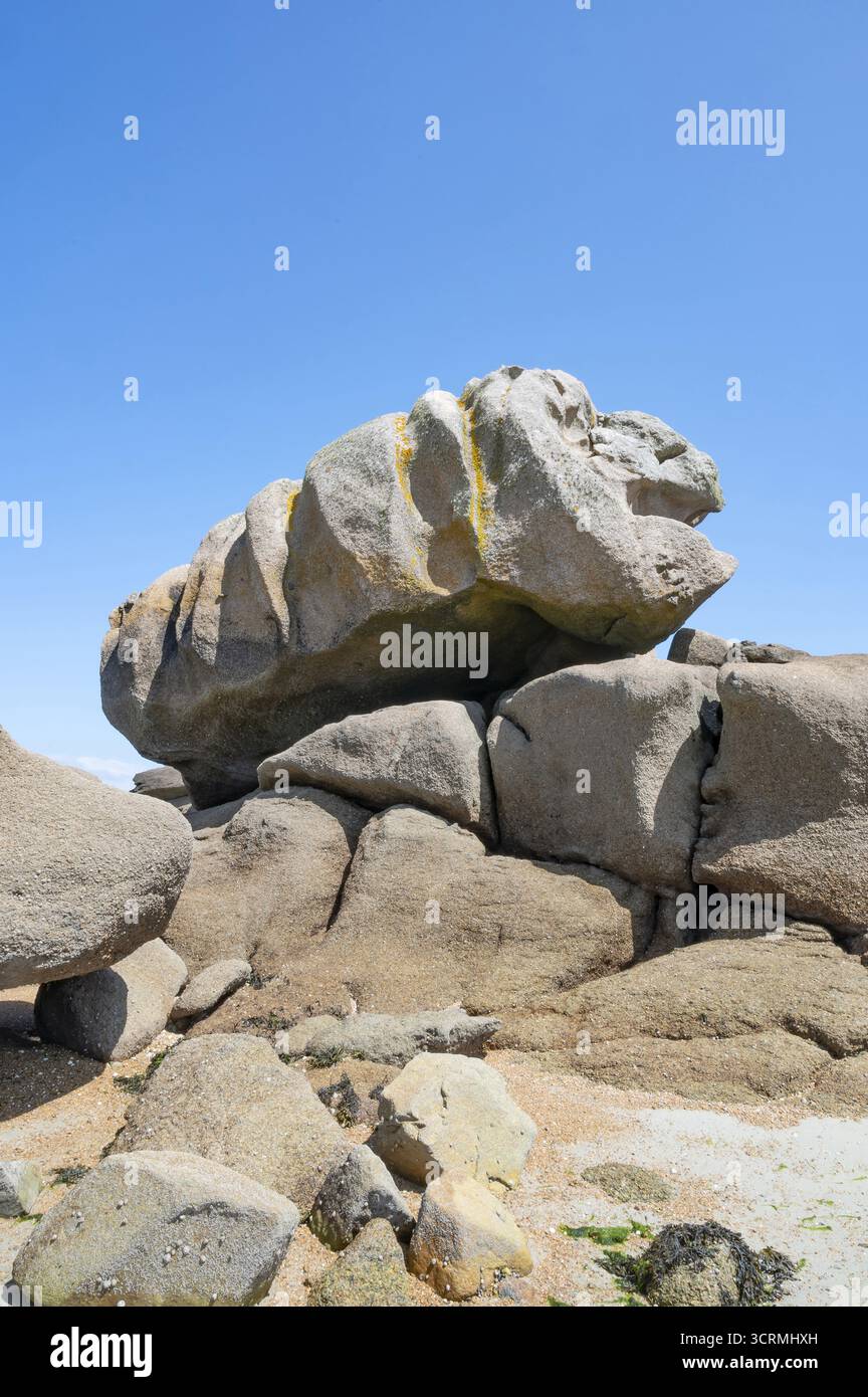 Spettacolari rocce di granito rosa, scolpite dal vento e dal mare, a volte con animali e figure fantasiose, si accumulano sulla spiaggia della Rosa Cote de Granit Foto Stock