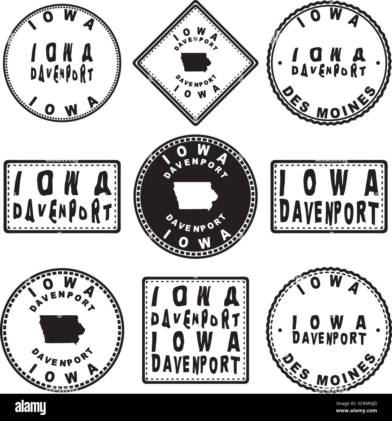 Iowa Davenport Round Seal Map Design Illustrazione Vettoriale
