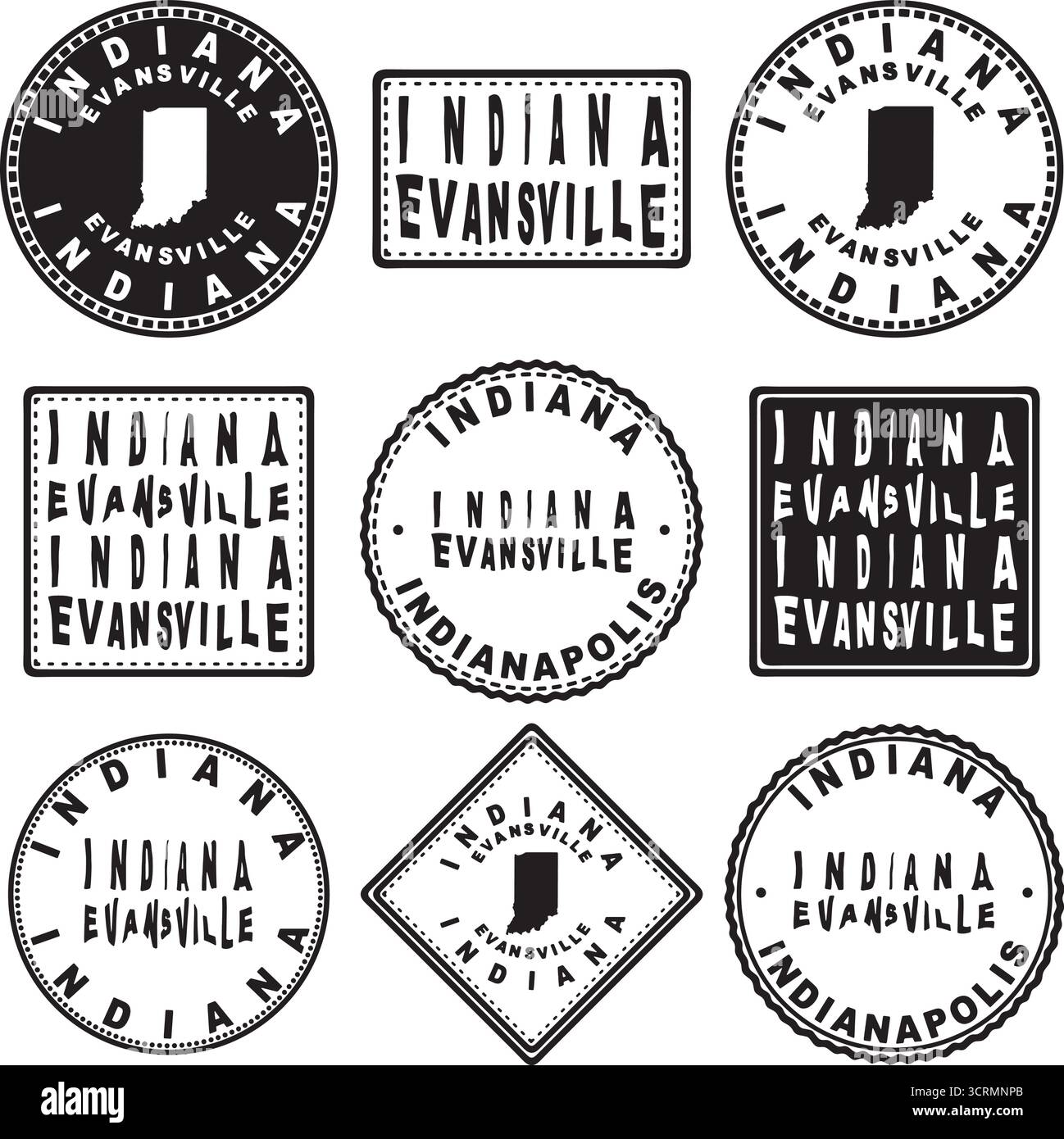 Indiana Evansville Round Seal Map Design Illustrazione Vettoriale
