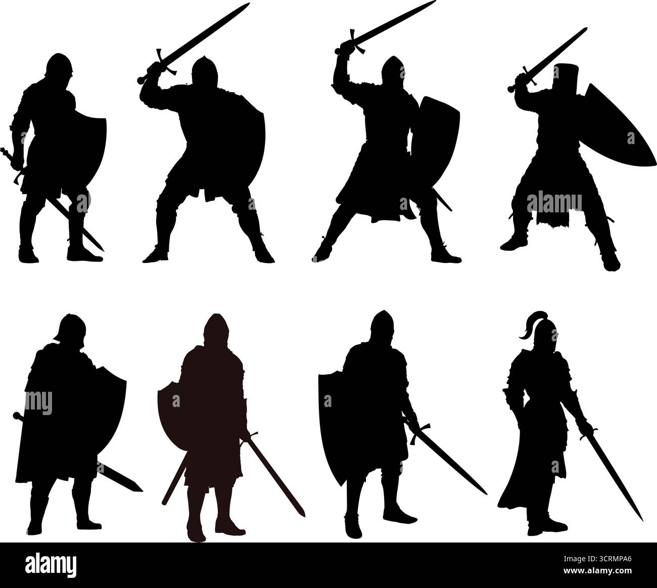 silhouette da cavalieri medievali con spada e scudo Illustrazione Vettoriale