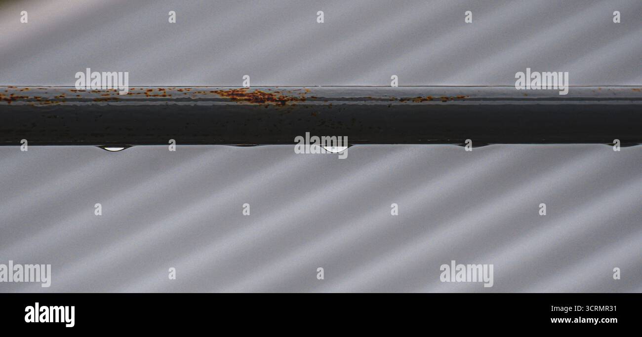 Ringhiera metallica grigia con perline di pioggia e ruggine sottile, fotografata con una morbida sfocatura per profondità ed emozione. Foto Stock
