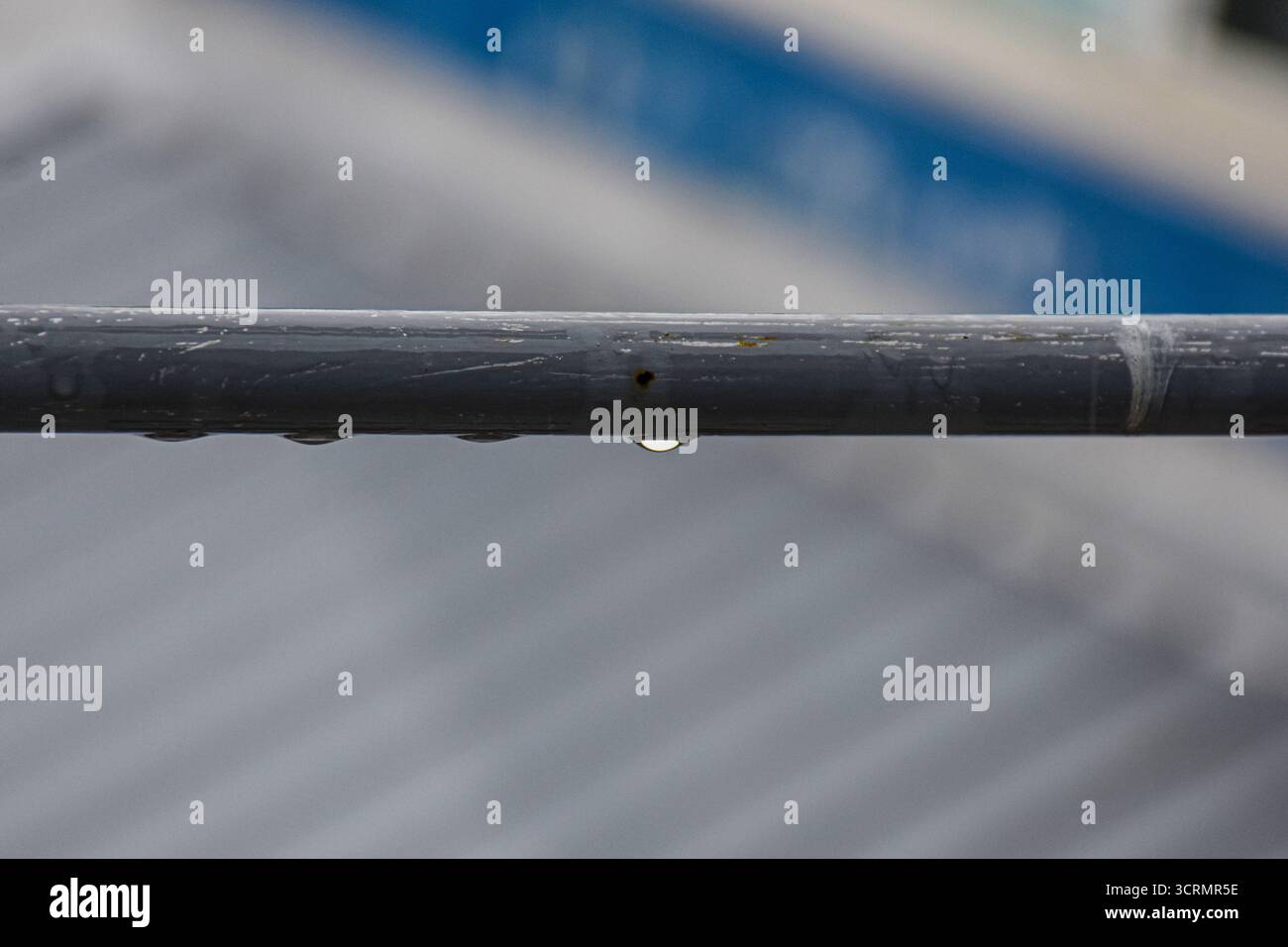 Dopo la pioggia: Le goccioline allineano una ringhiera grigia arrugginita, con lo sfondo che cade via con una messa a fuoco morbida. Foto Stock