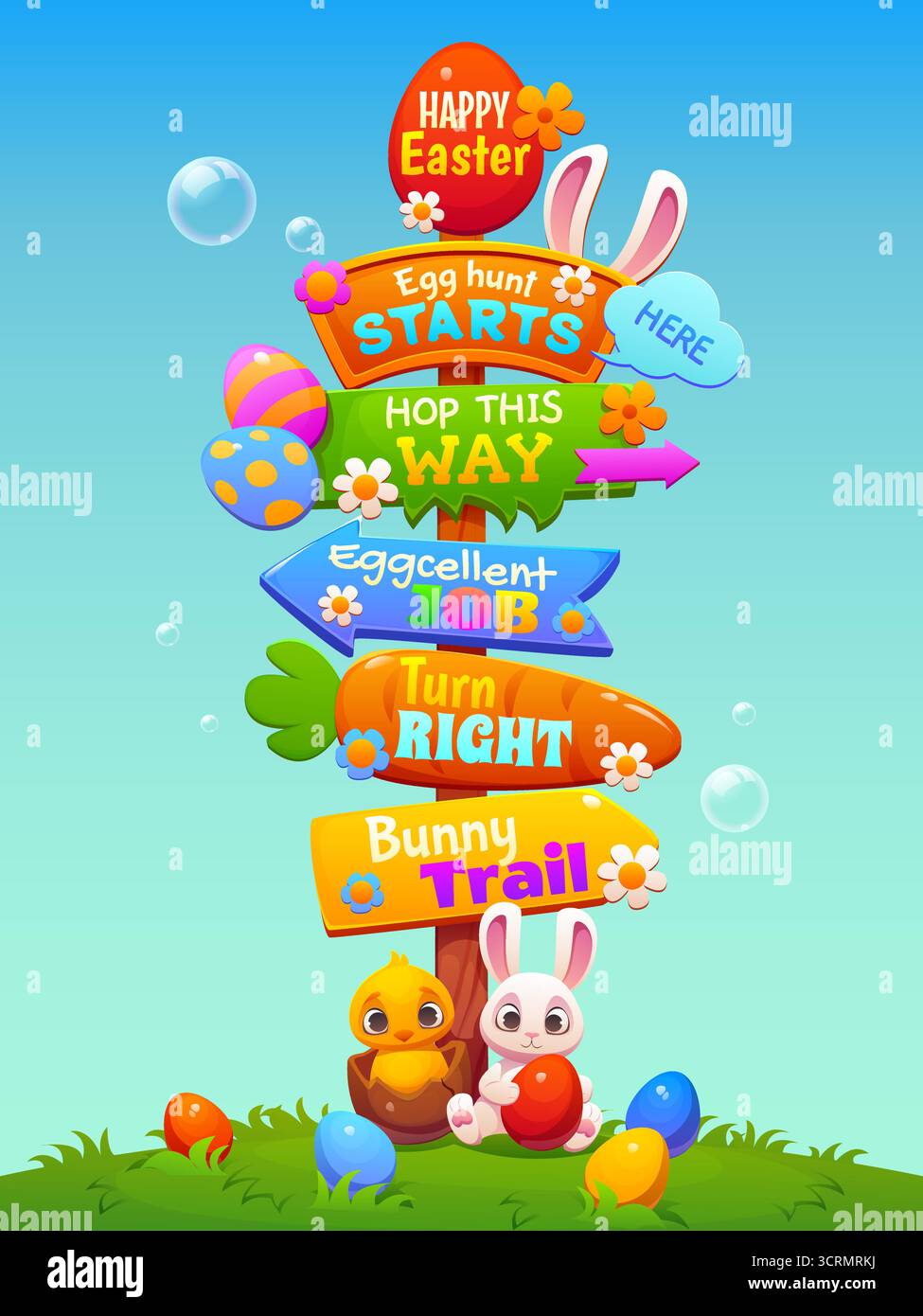 Cartello di legno per la caccia alle uova di Pasqua Illustrazione Vettoriale