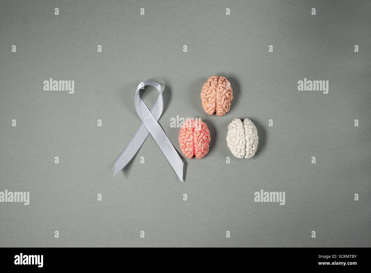 Nastro grigio e 3 cervello umano. Consapevolezza della salute del cervello Foto Stock
