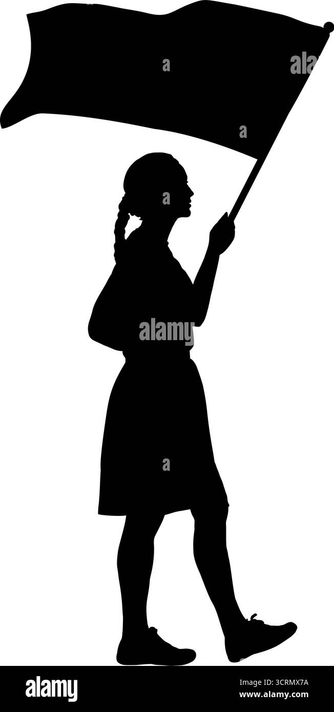 Donna che cammina e tiene la bandiera sulla silhouette del palo Illustrazione Vettoriale