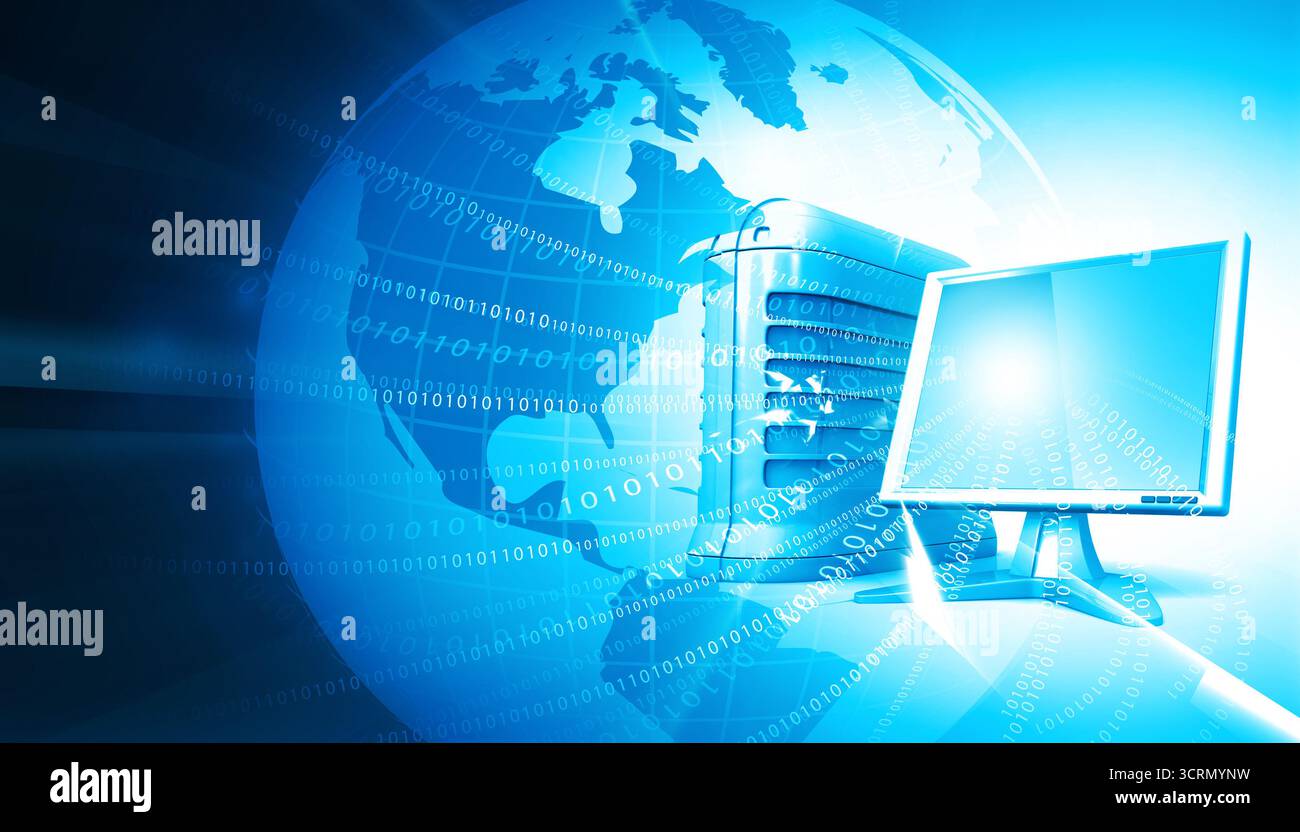 un mondo con un computer moderno. Condivisione dei dati. illustrazione 3d. Foto Stock