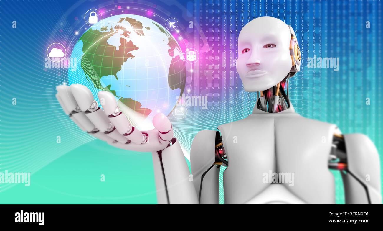 Donne robotiche che tengono il mondo futuristico della Terra su sfondo digitale astratto. illustrazione 3d. Foto Stock