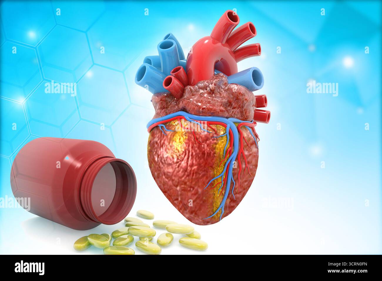 Anatomia del cuore umano con medicine pillole di salute droga su sfondo blu. illustrazione 3d. Foto Stock