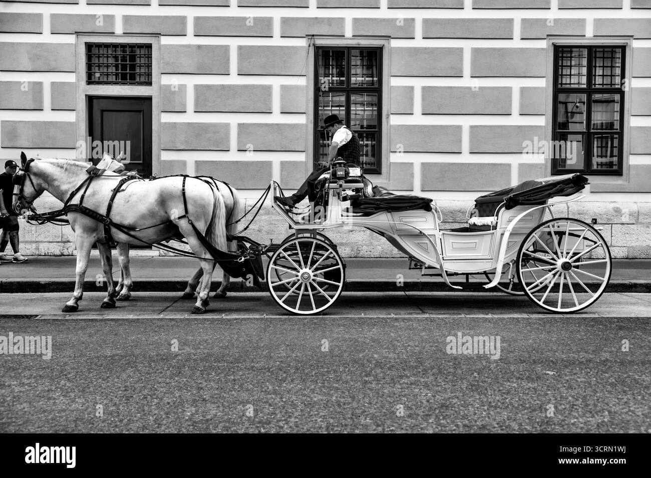 Immagine in bianco e nero di una tradizionale carrozza trainata da cavalli in attesa in una piazza acciottolata nel centro di Vienna, Austria Foto Stock