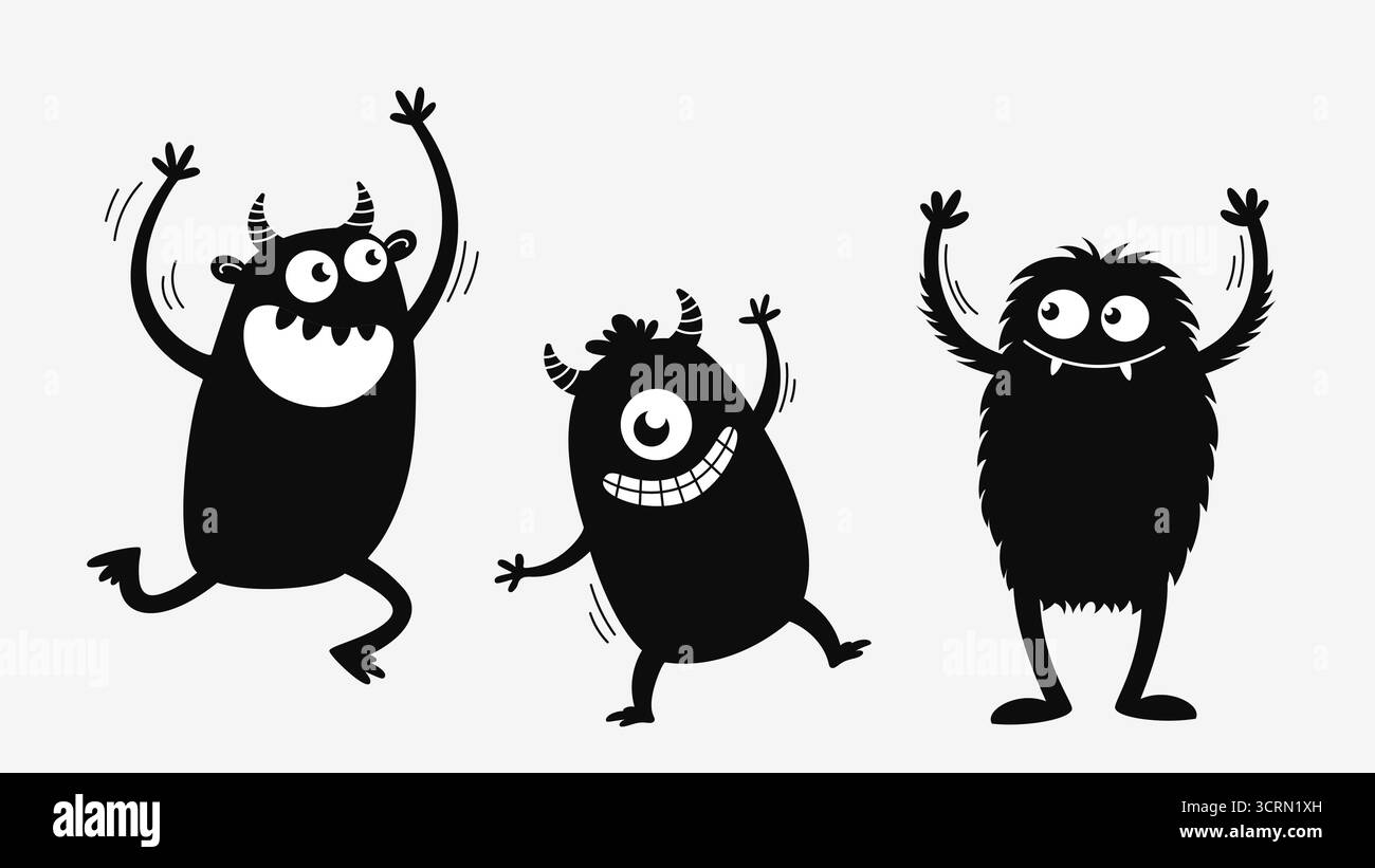 Set di tre adorabili mostri cartoni animati che ballano con le braccia alzate in uno stile divertente e divertente. Illustrazione vettoriale silhouette nera Illustrazione Vettoriale