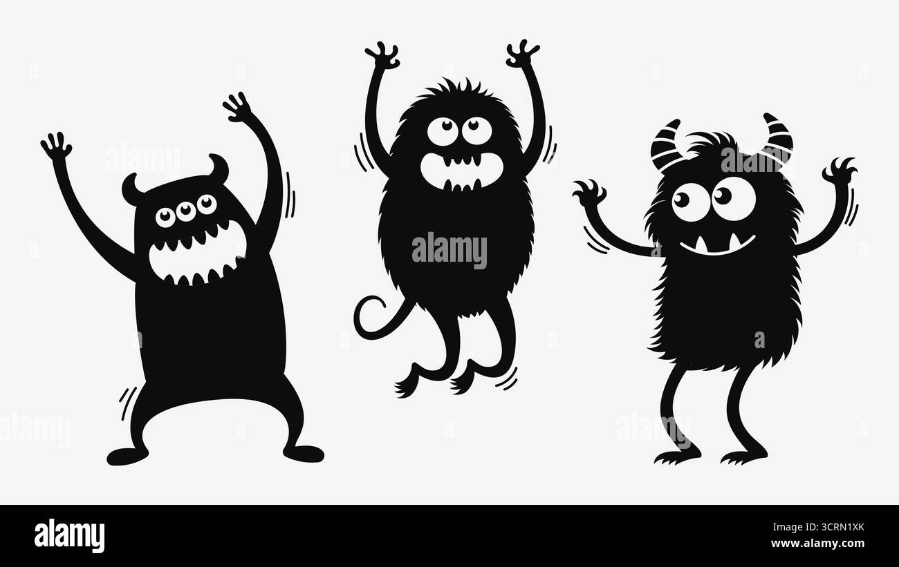 Set di tre adorabili mostri cartoni animati che ballano con le braccia alzate in uno stile divertente e divertente. Illustrazione vettoriale silhouette nera Illustrazione Vettoriale