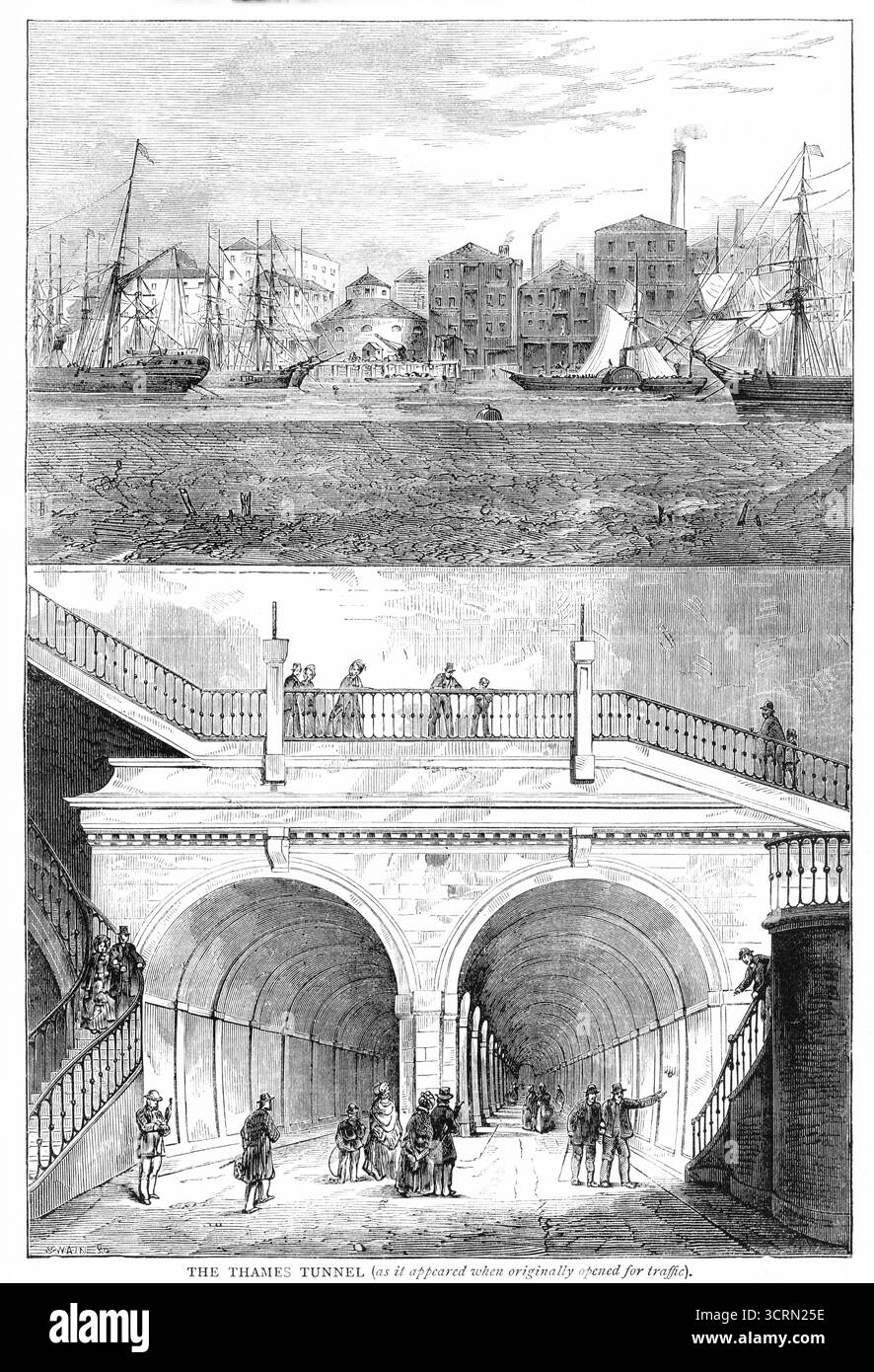Un'incisione del XIX secolo del Tamigi Tunnel, il primo tunnel subacqueo al mondo, progettata da Marc Isambard Brunel e completata nel 1843 dopo 18 anni di lavoro e una rappresentazione di barche sul Tamigi Foto Stock