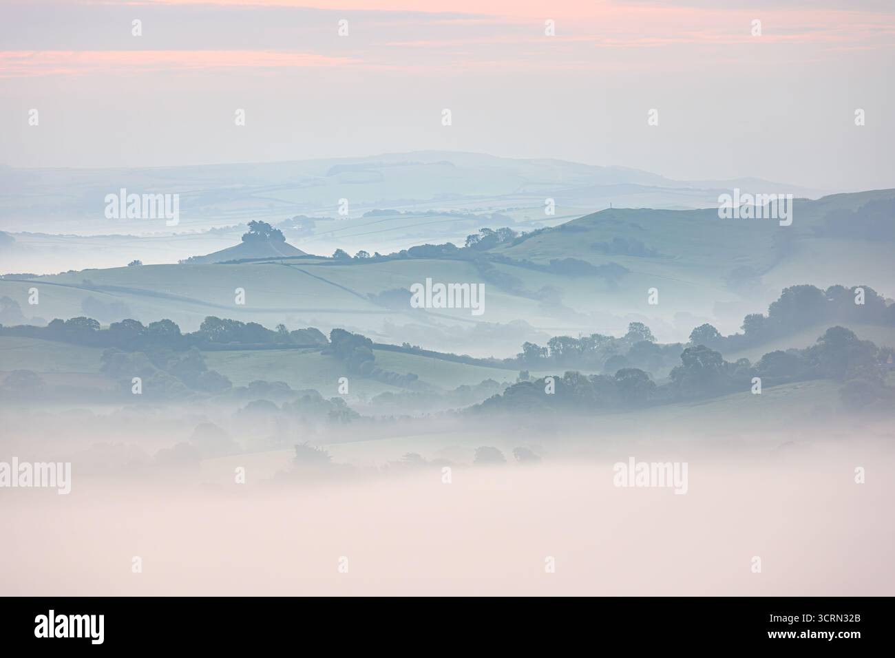 Marshwood vale, Dorset, Regno Unito. 2 ottobre 2025. Meteo nel Regno Unito: Nebbia mattutina a Marshwood vale. Una vista classica di Marshwood vale con l'iconica Colmer's Hill che emerge dalla nebbia in lontananza in una mattina autunnale. Crediti: Celia McMahon/Alamy Live News Foto Stock