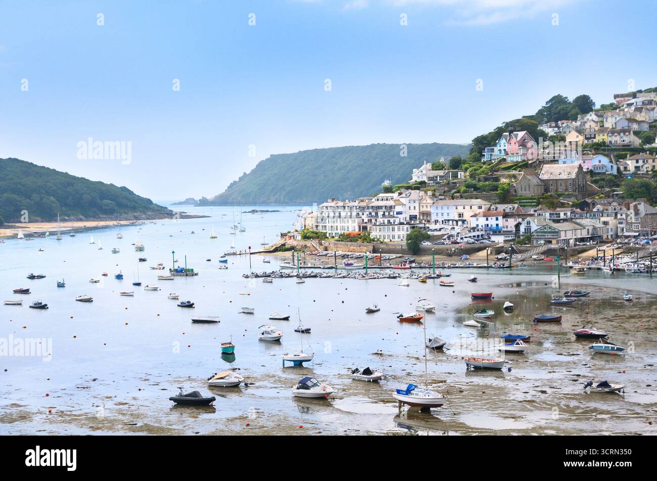 Vista da Snapes Point con vista sulla città di Salcombe con barche nel porto e sull'estuario di Kingsbridge, South Hams, South Devon National Landscape, Inghilterra, Regno Unito Foto Stock