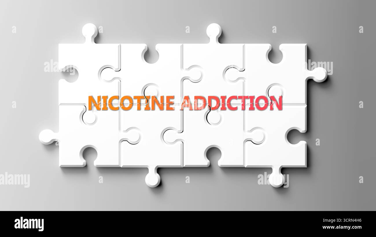La dipendenza da nicotina come argomento complesso, correlato ad argomenti importanti che si diffondono come una nuvola di parole. Foto Stock