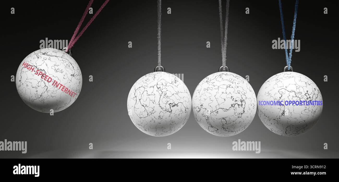 Internet ad alta velocità e opportunità economiche - rapporto causa-effetto. Una metafora della culla di Newton. Foto Stock
