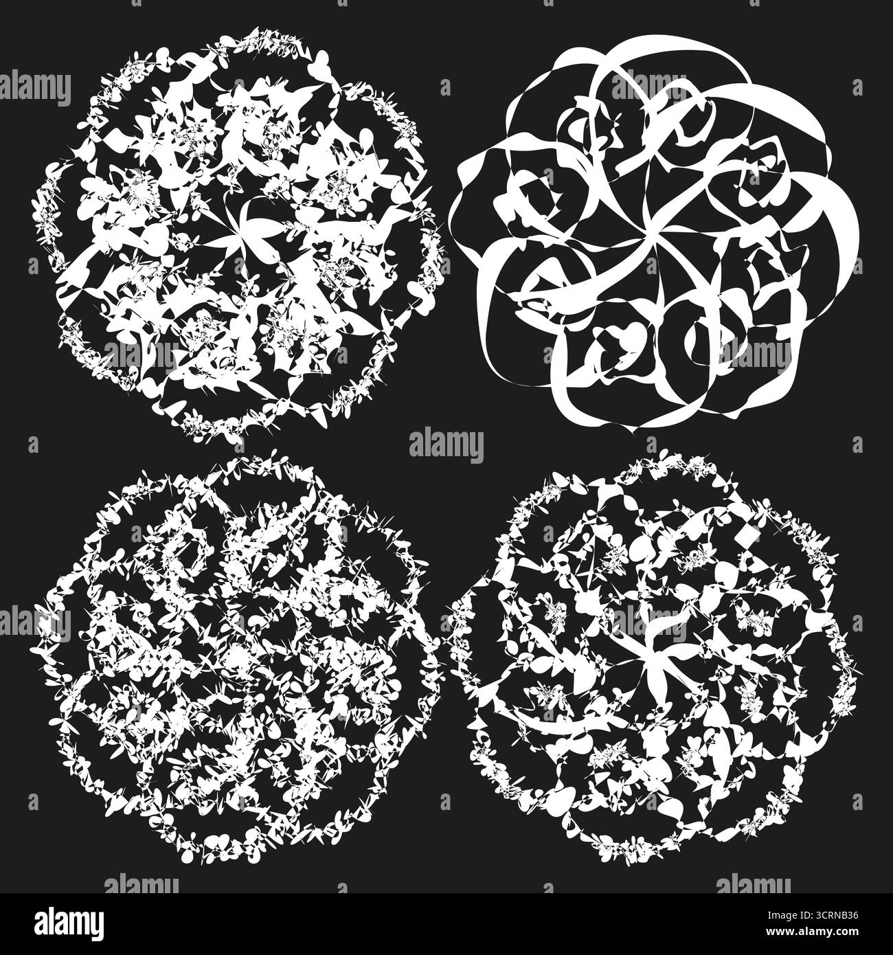 Ripetizioni circolari astratte. Elementi monocromatici rotondi. Set di progettazione geometrica. Simboli ornati vettoriali. EPS 10. Illustrazione Vettoriale