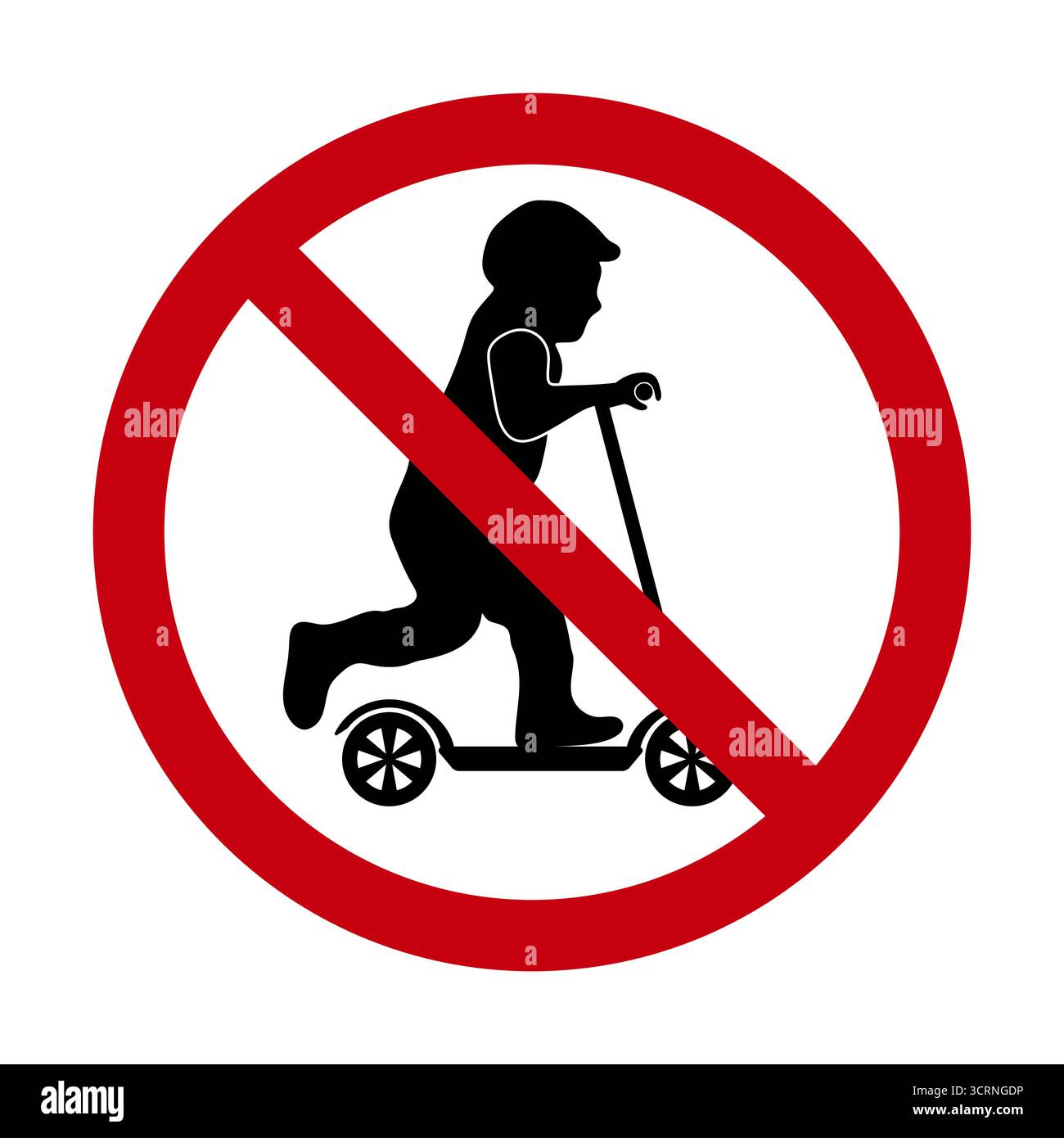 Cartello divieto di guidare uno scooter con silhouette per bambini. Un cartello di divieto che mostra un bambino in sella a uno scooter, barrato con un cerchio rosso. Illustrazione Vettoriale