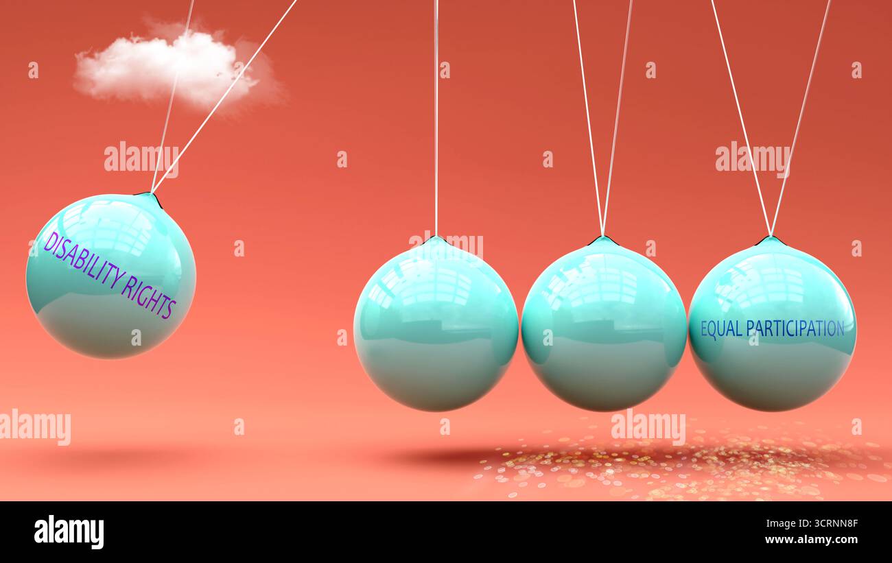 I diritti di invalidità producono pari partecipazione. Una metafora della culla di Newton in cui i diritti della disabilità danno slancio a una partecipazione paritaria. Causa ed e. Foto Stock