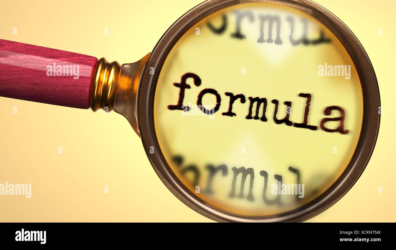 Formula sotto lente di ingrandimento. Analisi e ispezione approfondite della formula. Un'occhiata più da vicino alla formula. Esame del concetto di formula Foto Stock