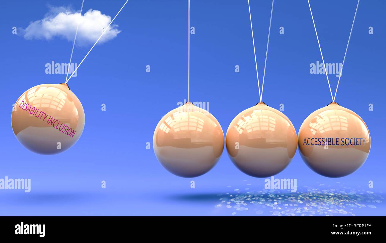 L'inclusione della disabilità produce una società accessibile. Una metafora della culla di Newton in cui l'inclusione della disabilità dà slancio alla società accessibile. Causa A. Foto Stock