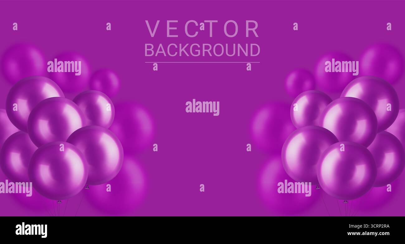 Sfondo celebrativo con una serie di palloncini rotondi di colore viola, illustrazione vettoriale. Striscione di lusso astratto con decorazioni palloncini viola. Illustrazione Vettoriale