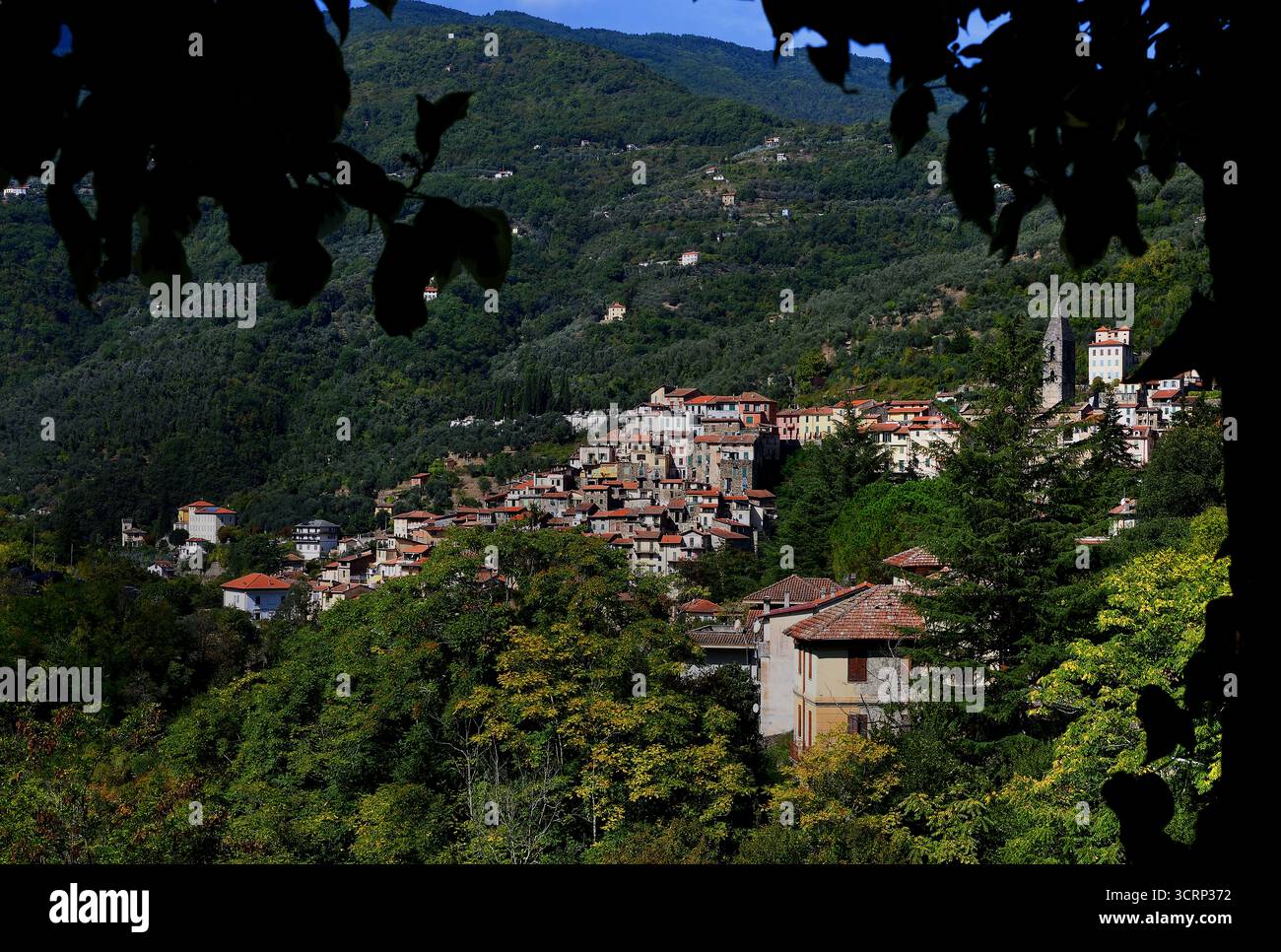 Apricale, il Villaggio più bello d'Italia, Valle di Nervia, Liguria. Castello della Lucertola campanile della Chiesa della purificazione di Maria Foto Stock
