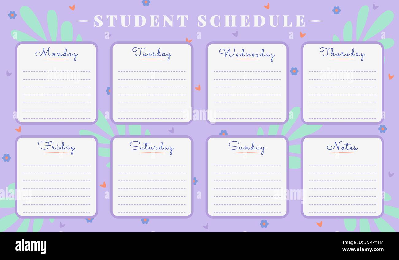 Modello di pianificazione degli studenti vettoriali in delicata tavolozza retrò. Progettazione degli orari, pianificazione settimanale delle lezioni con sfondo lilla, fiori e foglie Illustrazione Vettoriale