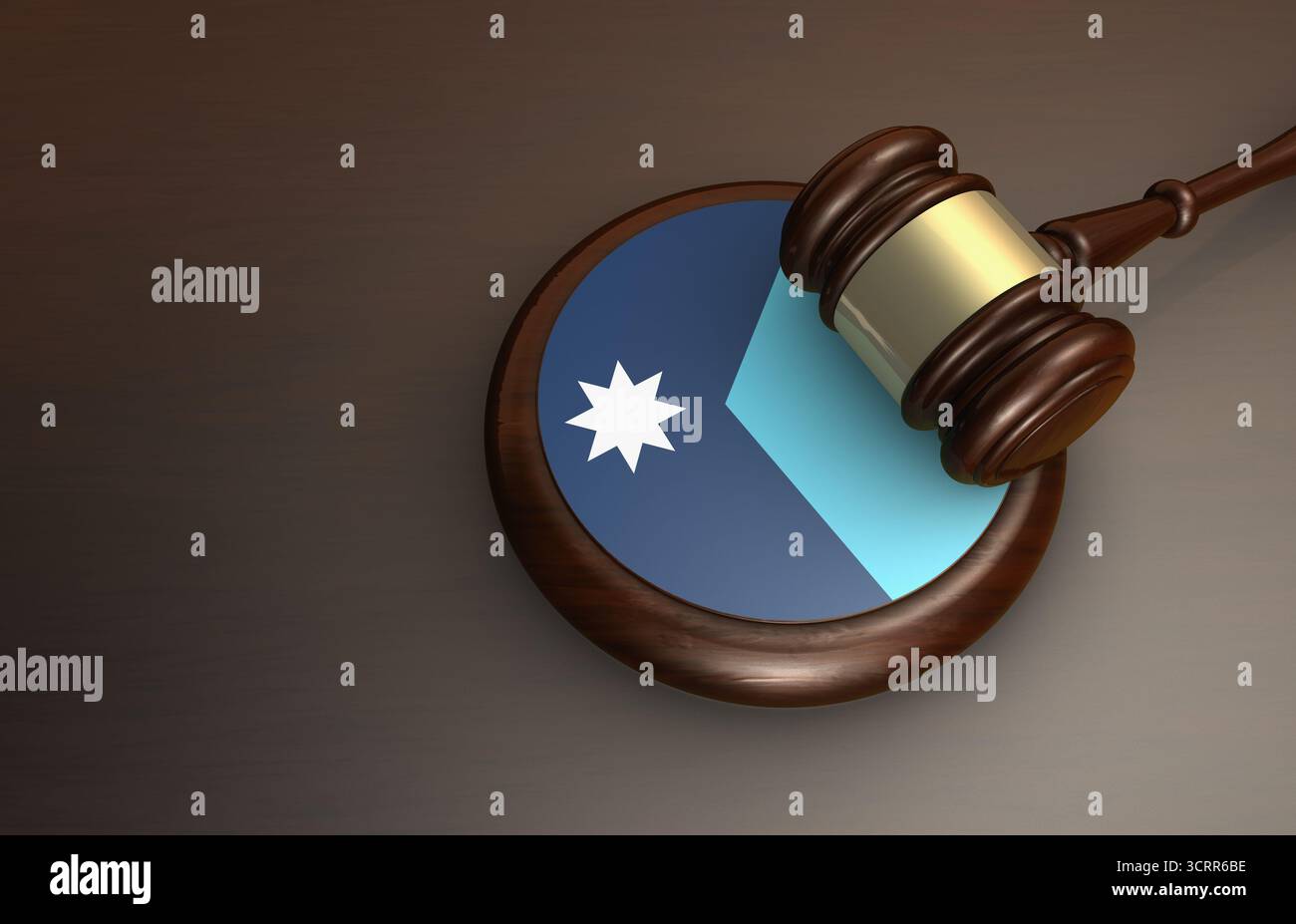 Legge dello stato del Minnesota, sistema legale e concetto di giustizia con un martelletto del giudice e la bandiera del Minnesotan su una scrivania in legno, vista ravvicinata in 3D. Foto Stock