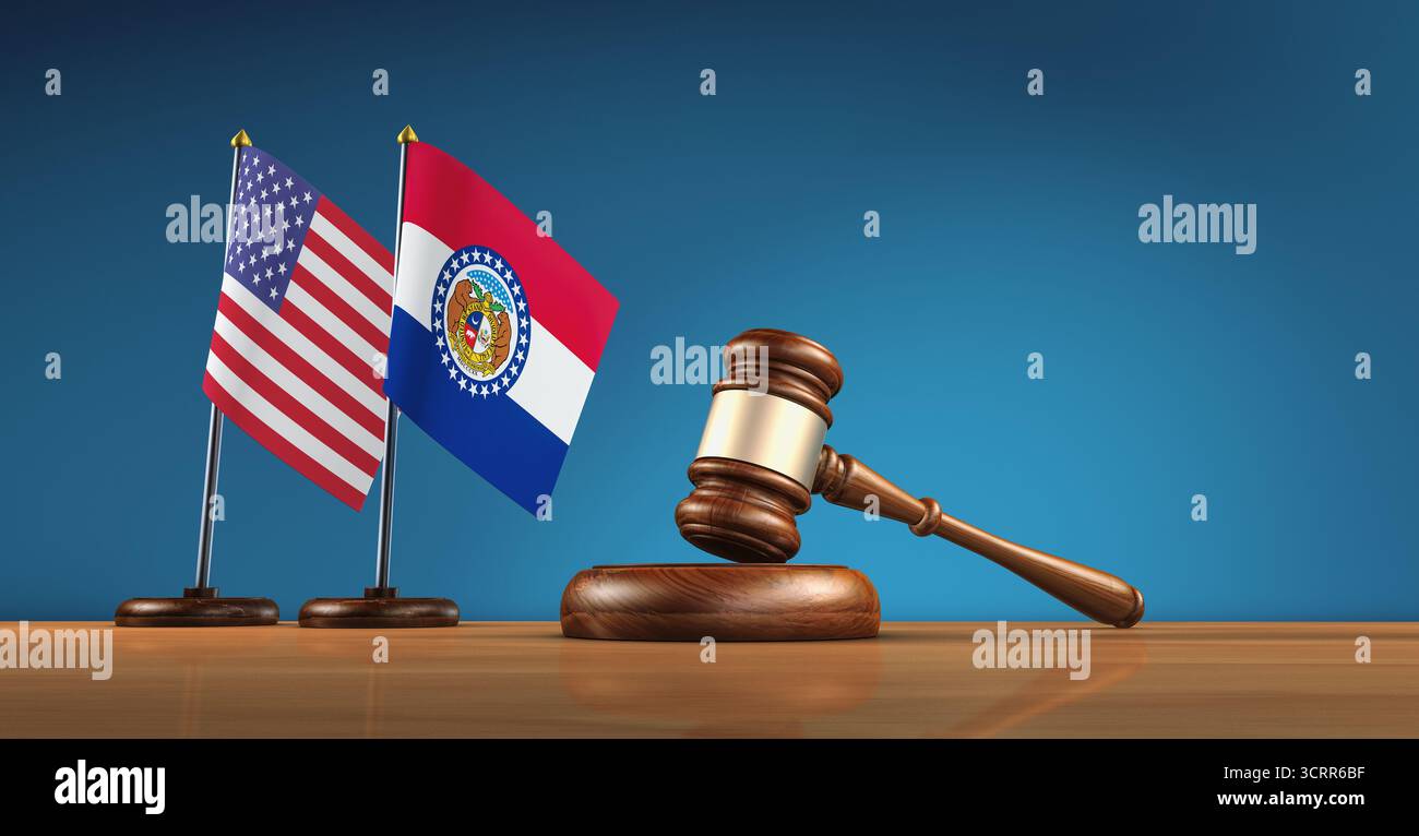 Missouri legge dello stato americano, sistema giuridico e concetto di giustizia con un martelletto di giudice, la bandiera Missourian e la bandiera degli Stati Uniti d'America. Foto Stock