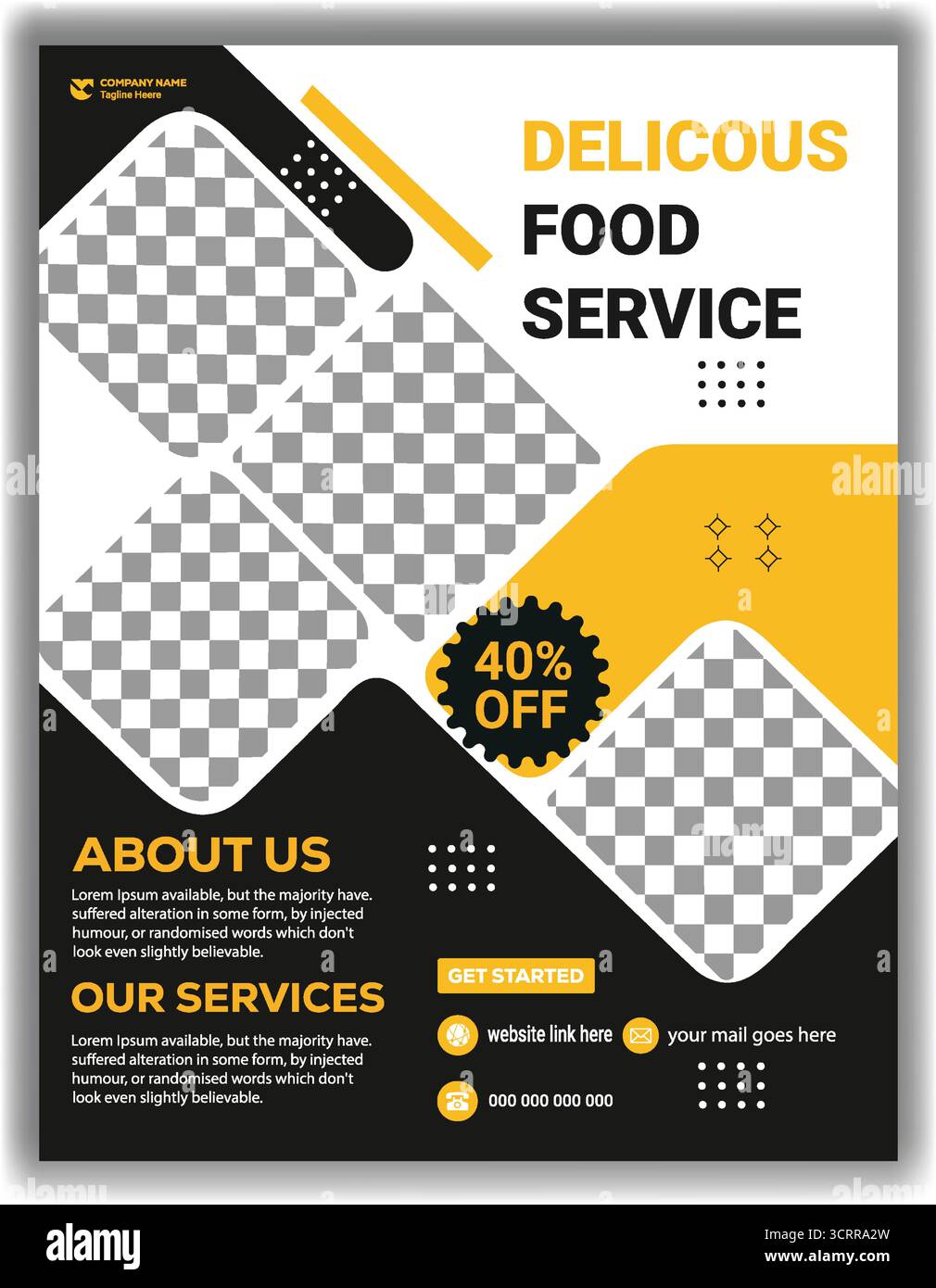 Black and Yellow and Modern Food Business Flyer Design poster promozionale ristorante modificabile Illustrazione Vettoriale