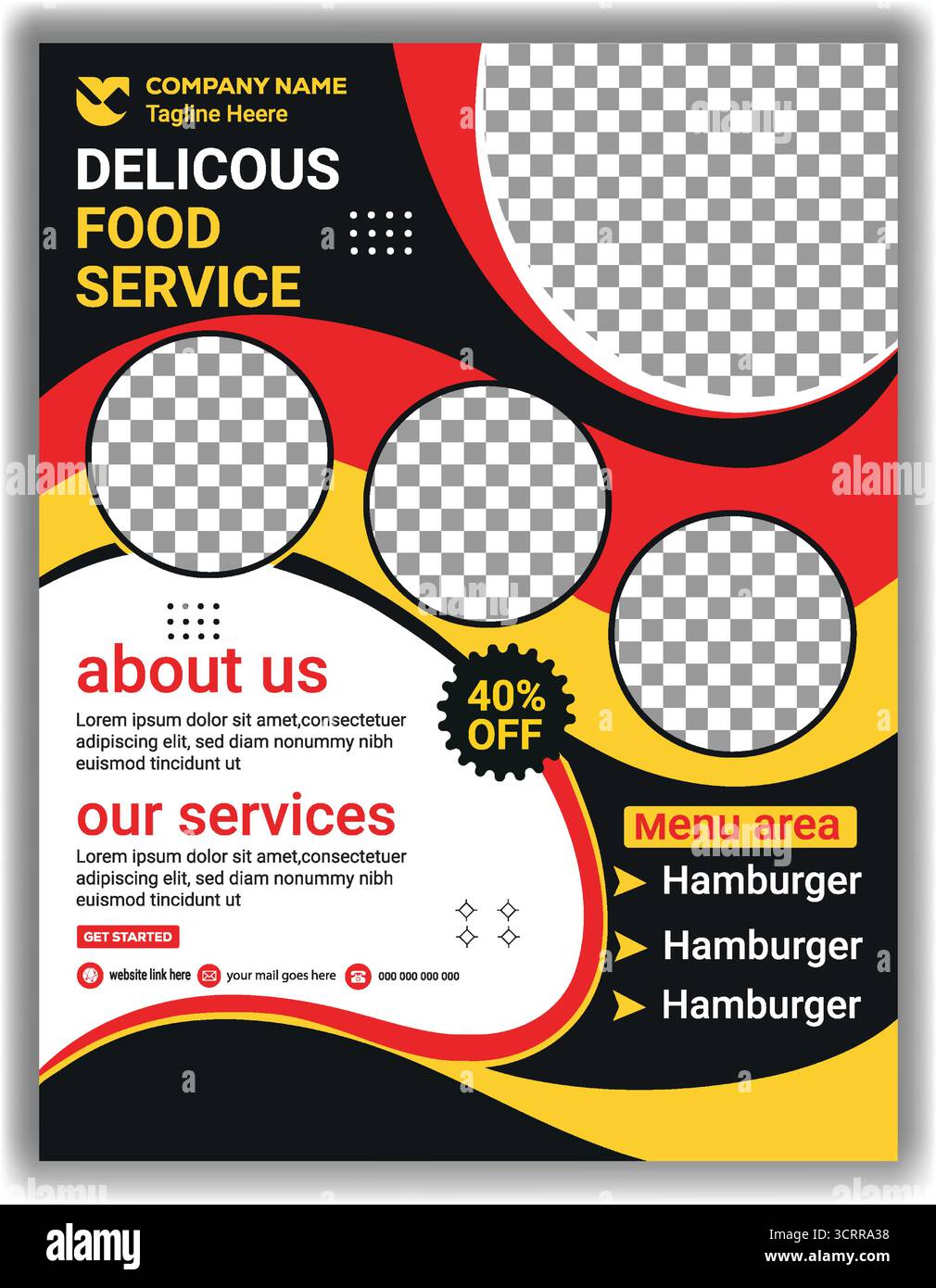 Modello di opuscolo Modern Delicious Food Service Menu ristorante poster promozionale Black, Red & Yellow Food Flyer Design Illustrazione Vettoriale