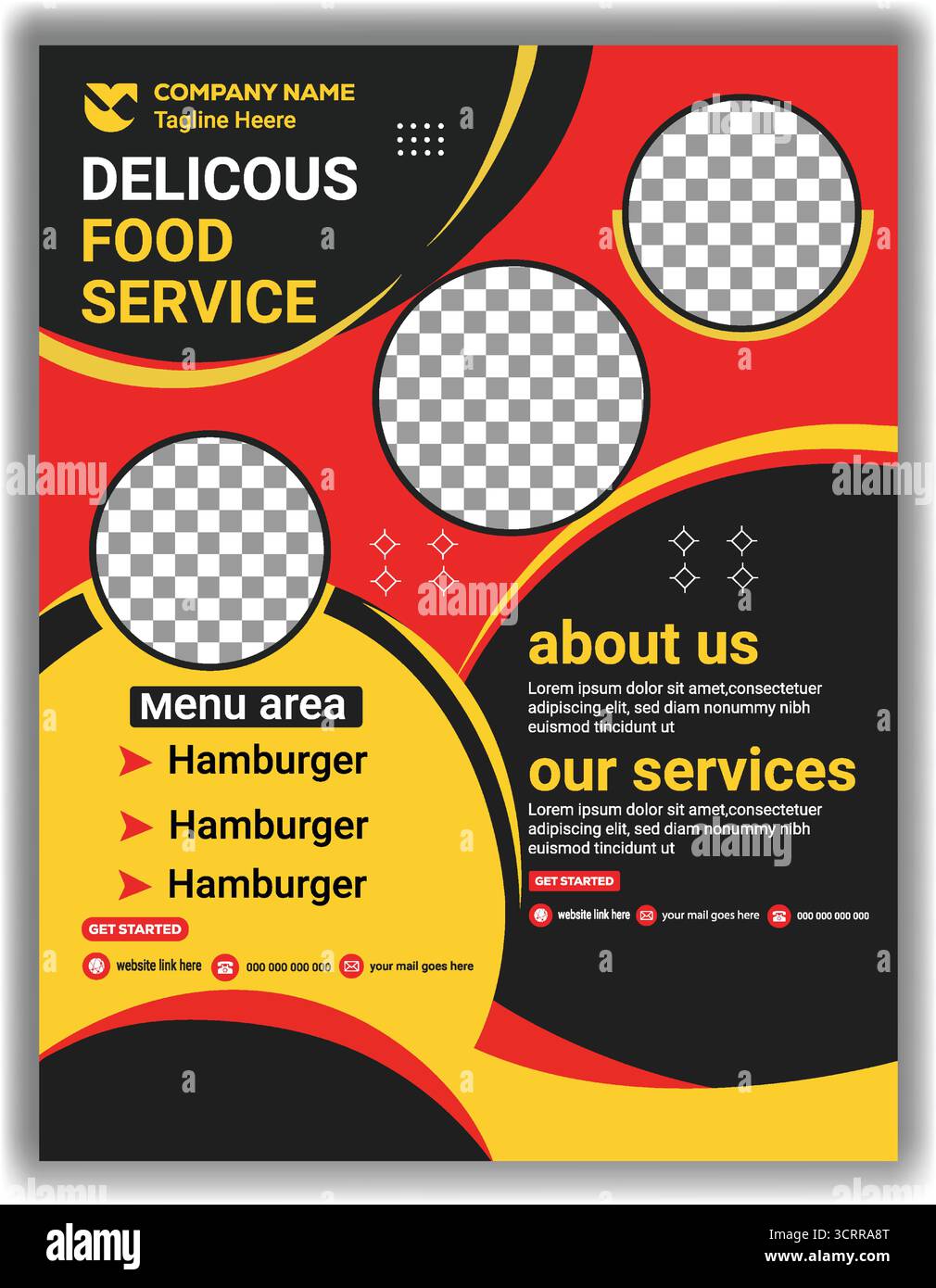 Elegante opuscolo Black Red and Yellow Food Service | modello di poster pubblicitario per ristoranti Illustrazione Vettoriale