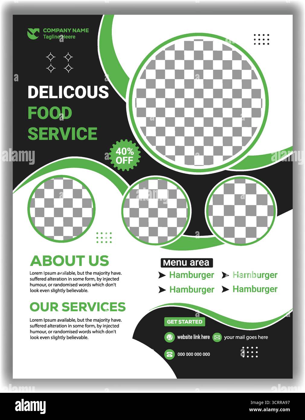 Modello di volantino creativo per il fast food Design di poster promozionali per ristoranti moderni, verdi e neri Illustrazione Vettoriale