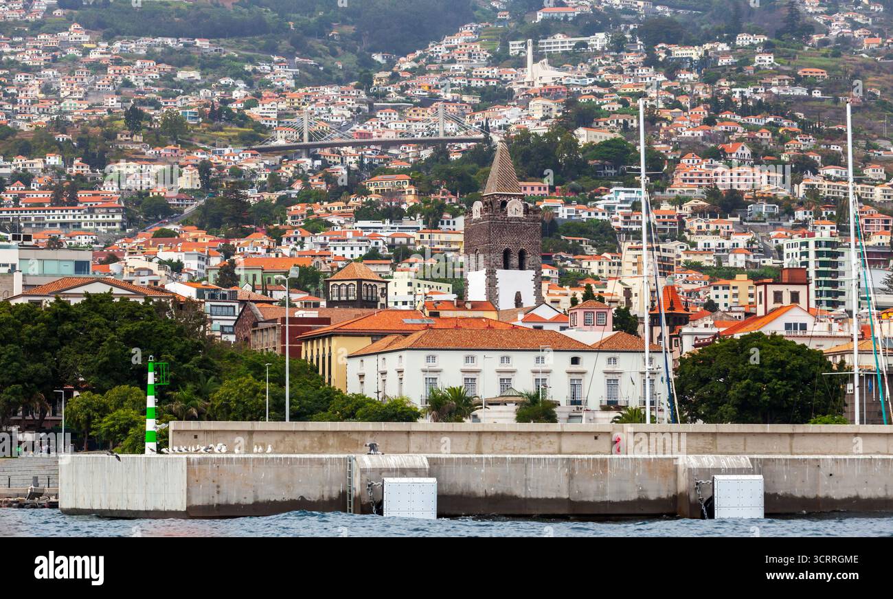 Funchal, Madeira, Portogallo. Un vivace paesaggio urbano fronte porto presenta una torre di chiesa in pietra sopra edifici bianchi e tetti rossi, con una densa collina t Foto Stock Funchal, Madeira, Portogallo. Un vivace paesaggio urbano fronte porto presenta una torre di chiesa in pietra sopra edifici bianchi e tetti rossi, con una densa collina t Foto Stock