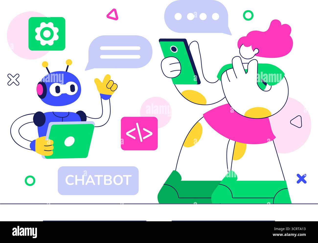 Illustrazione del servizio Chatbot di intelligenza artificiale con intelligenza artificiale e Intelligent Assistant robot per la tecnologia di comunicazione e il concetto di supporto Illustrazione Vettoriale