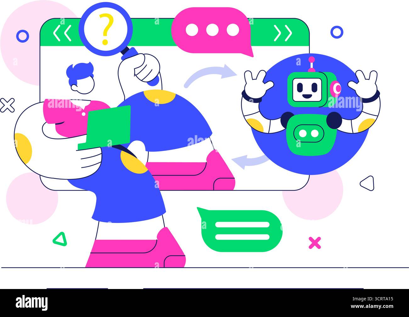 Illustrazione del servizio Chatbot di intelligenza artificiale con intelligenza artificiale e Intelligent Assistant robot per la tecnologia di comunicazione e il concetto di supporto Illustrazione Vettoriale