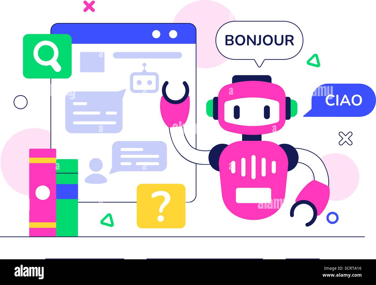 Illustrazione del servizio Chatbot di intelligenza artificiale con intelligenza artificiale e Intelligent Assistant robot per la tecnologia di comunicazione e il concetto di supporto Illustrazione Vettoriale