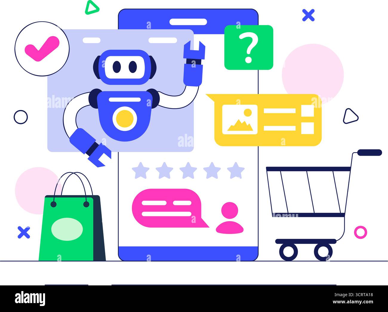 Illustrazione del servizio Chatbot di intelligenza artificiale con intelligenza artificiale e Intelligent Assistant robot per la tecnologia di comunicazione e il concetto di supporto Illustrazione Vettoriale